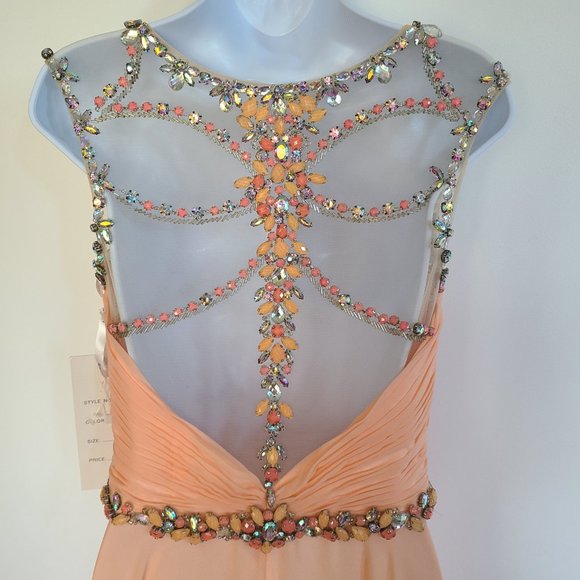 Rachel Allen Chiffon Beaded Illusion Long Prom Evening Dress Style 6934 Apricot - Picture 10 of 15